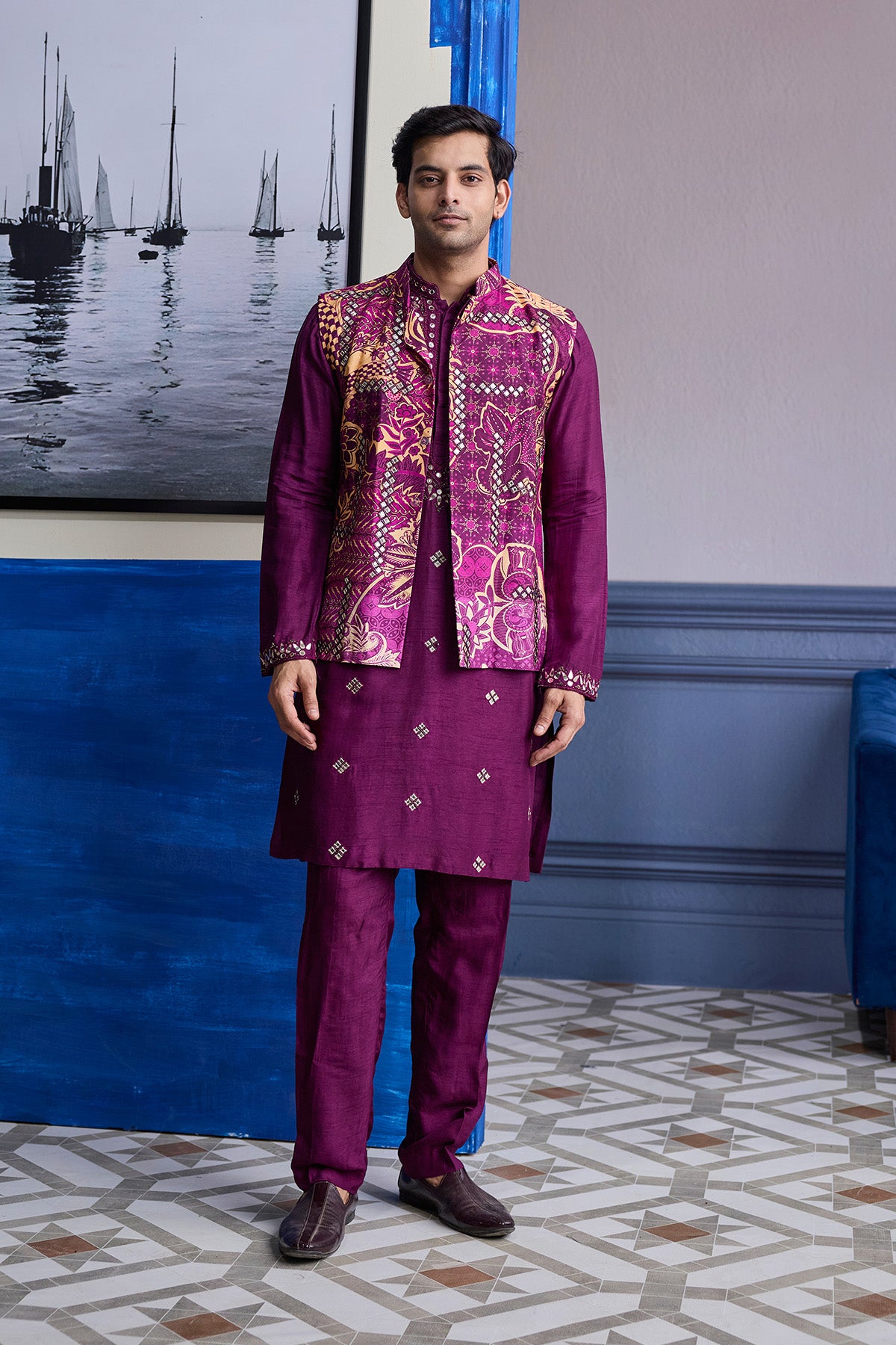 PLUM PRINT HIGHLIGHTED BUNDI WITH SOLID EMBROIDERED KURTA WITH SOLID PANTS