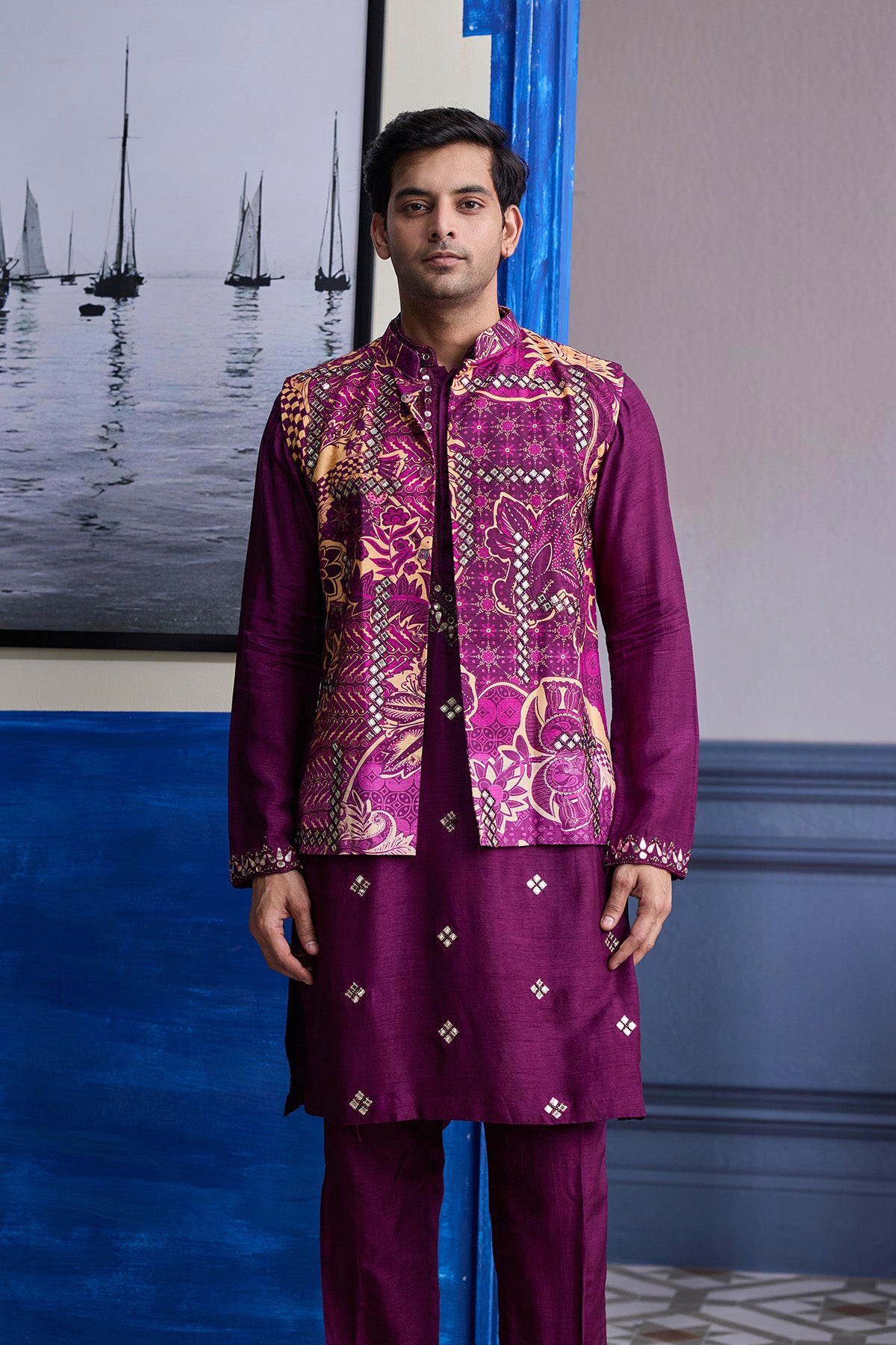 PLUM PRINT HIGHLIGHTED BUNDI WITH SOLID EMBROIDERED KURTA WITH SOLID PANTS
