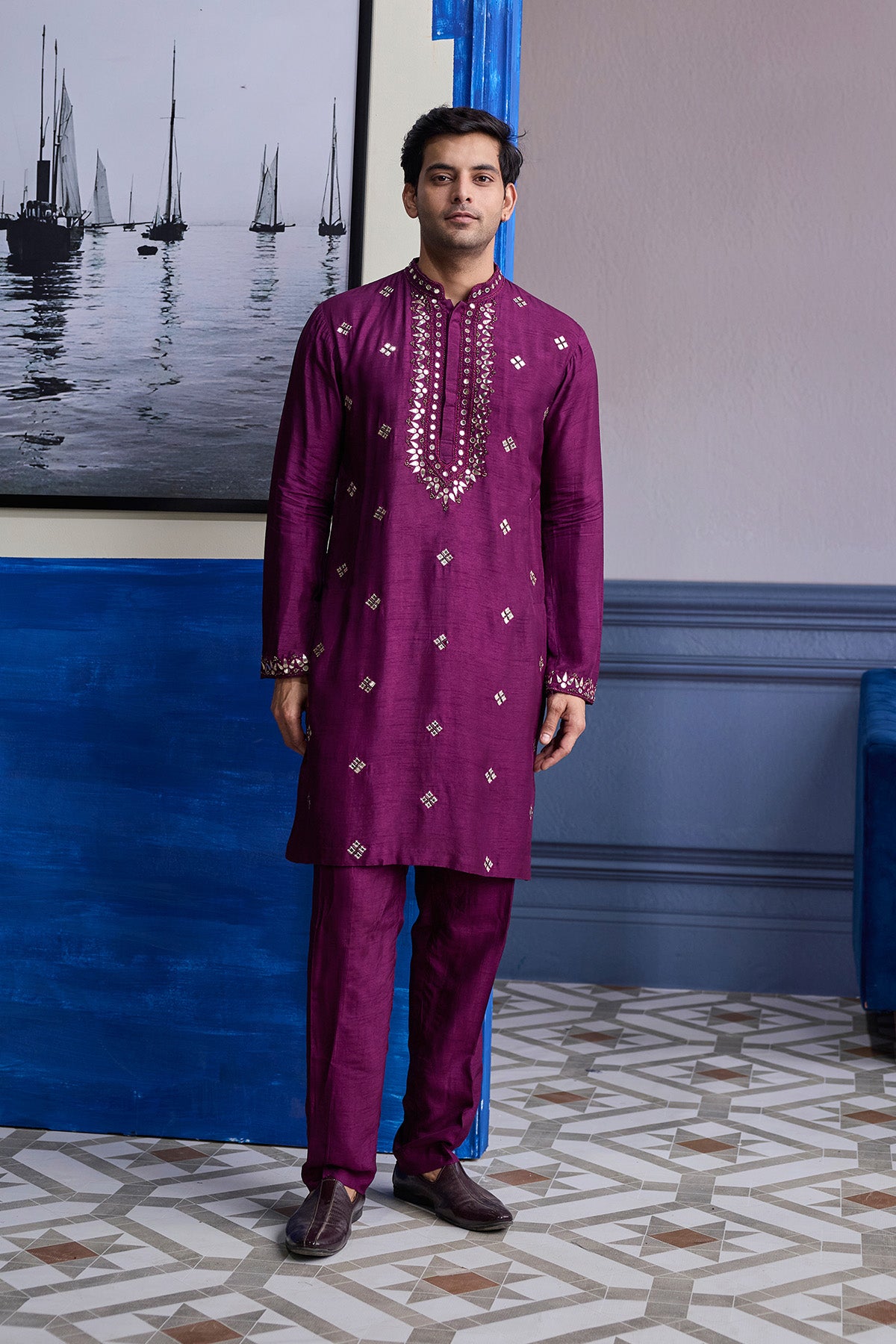 PLUM EMBROIDERED KURTA WITH SOLID PANTS