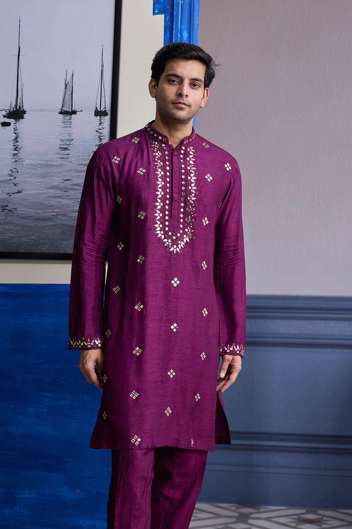 PLUM PRINT HIGHLIGHTED BUNDI WITH SOLID EMBROIDERED KURTA WITH SOLID PANTS