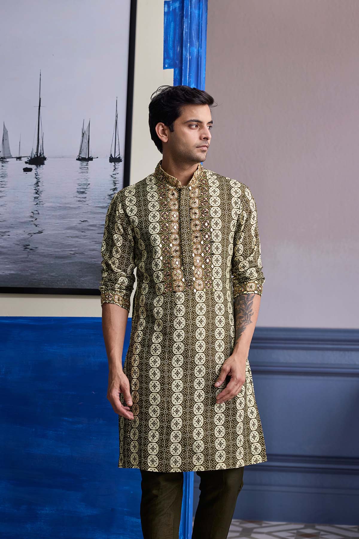 OLIVE BUTTA HIGHLIGHTED KURTA WITH SOLID PANTS