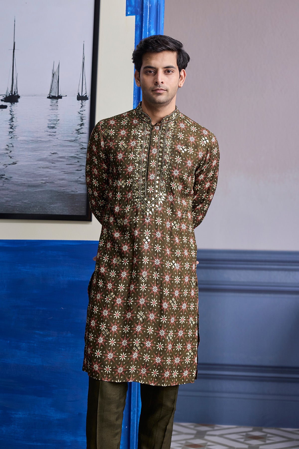 OLIVE BUTTA HIGHLIGHTED KURTA WITH OLIVE PRINT HIGHLIGHTED BUNDI JACKET PAIERD WITH SOLID PANTS
