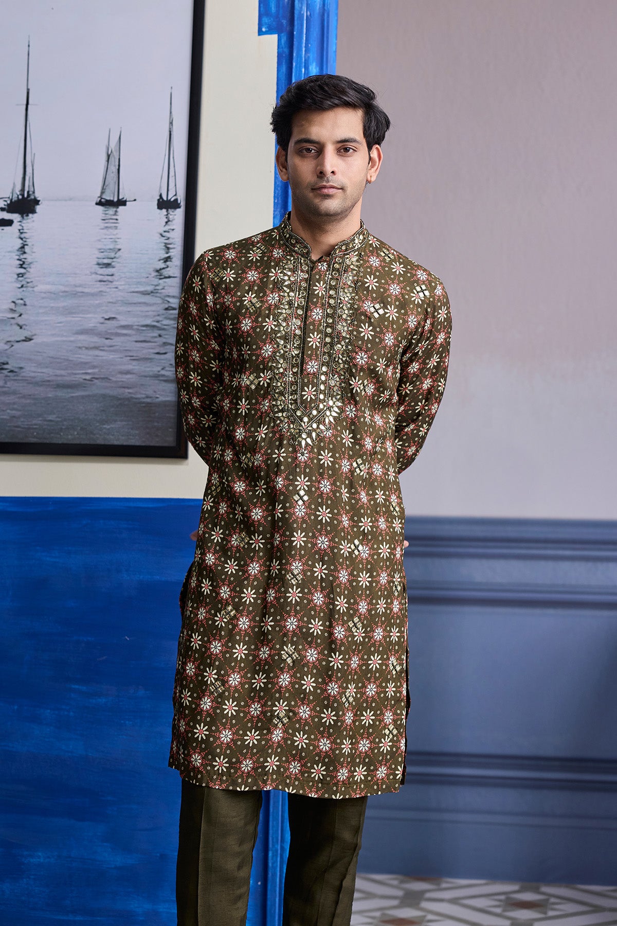OLIVE BUTTA HIGHLIGHTED KURTA WITH SOLID PANTS