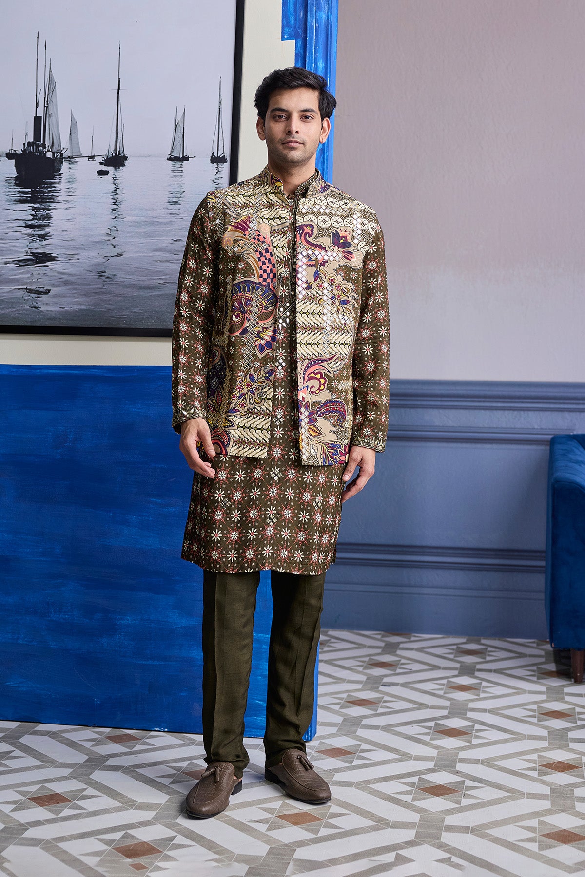 OLIVE BUTTA HIGHLIGHTED KURTA WITH OLIVE PRINT HIGHLIGHTED BUNDI JACKET PAIERD WITH SOLID PANTS