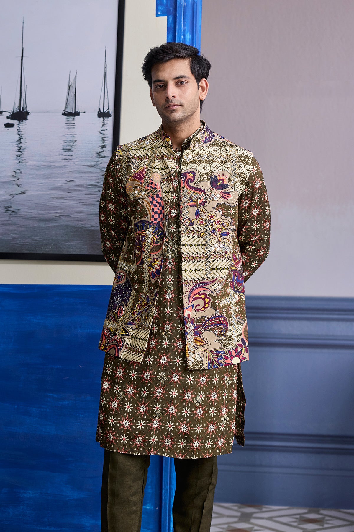OLIVE BUTTA HIGHLIGHTED KURTA WITH OLIVE PRINT HIGHLIGHTED BUNDI JACKET PAIERD WITH SOLID PANTS