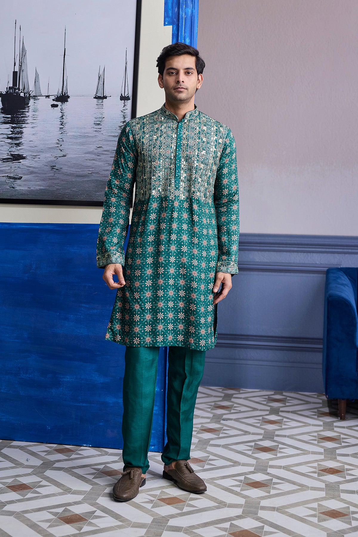 TEAL GREEN  BUTTA HIGHLIGHTED  KURTA WITH SOLID PANTS