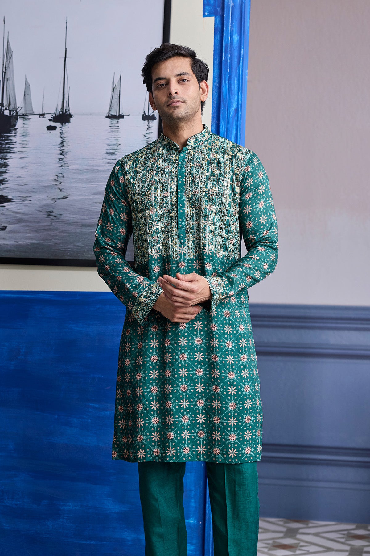 TEAL GREEN  BUTTA HIGHLIGHTED  KURTA WITH SOLID PANTS