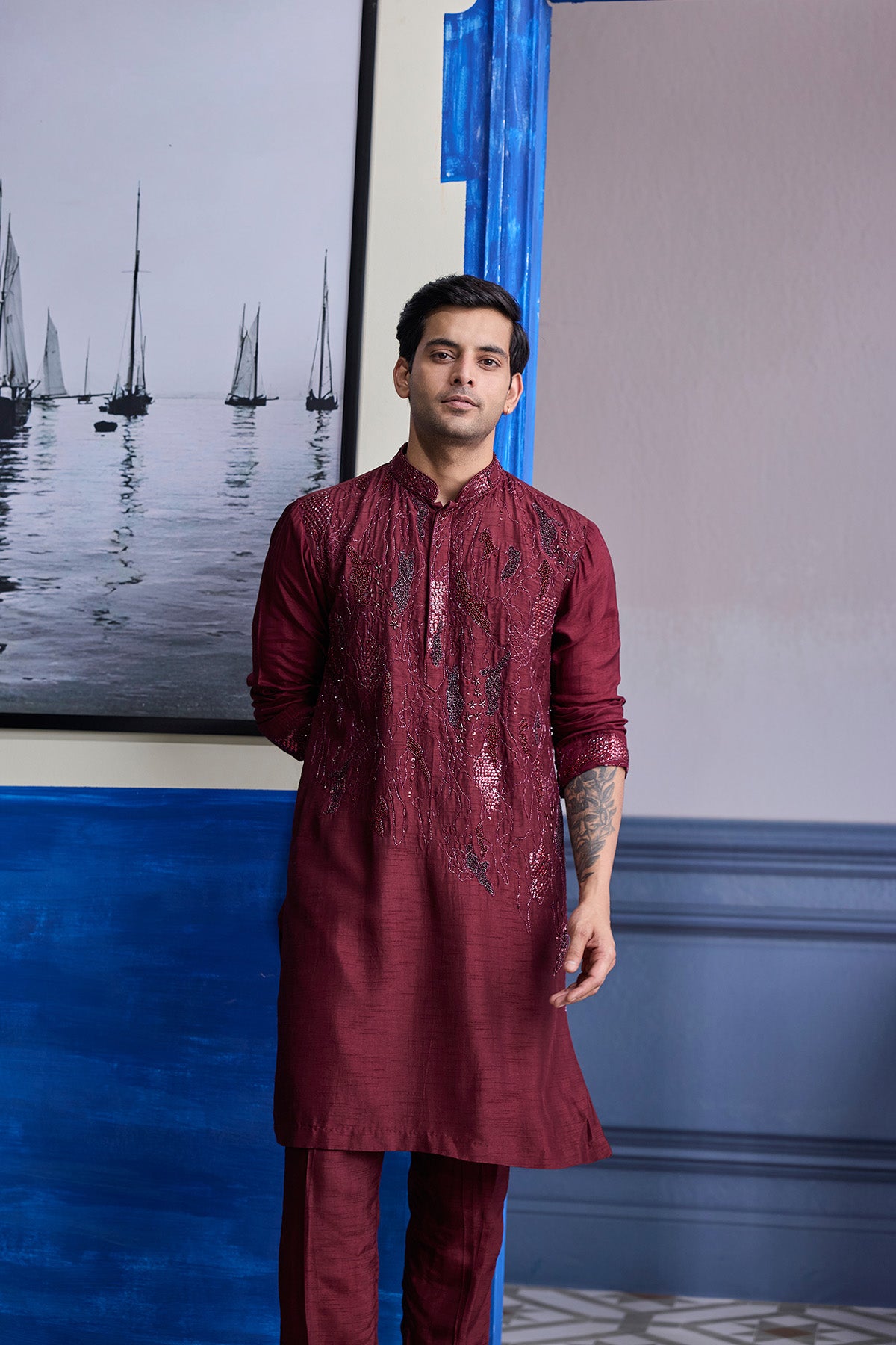 MAROON ABSTRACT EMBROIDERED KURTA PAIRED WITH PANTS