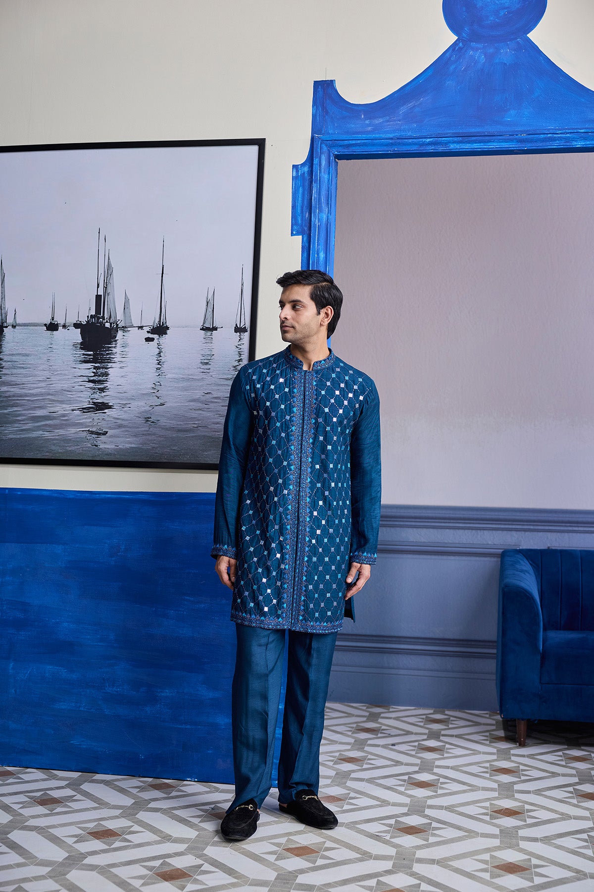 TEAL BLUE MIRROR EMBROIDERED KURTA PAIRED WITH PANTS