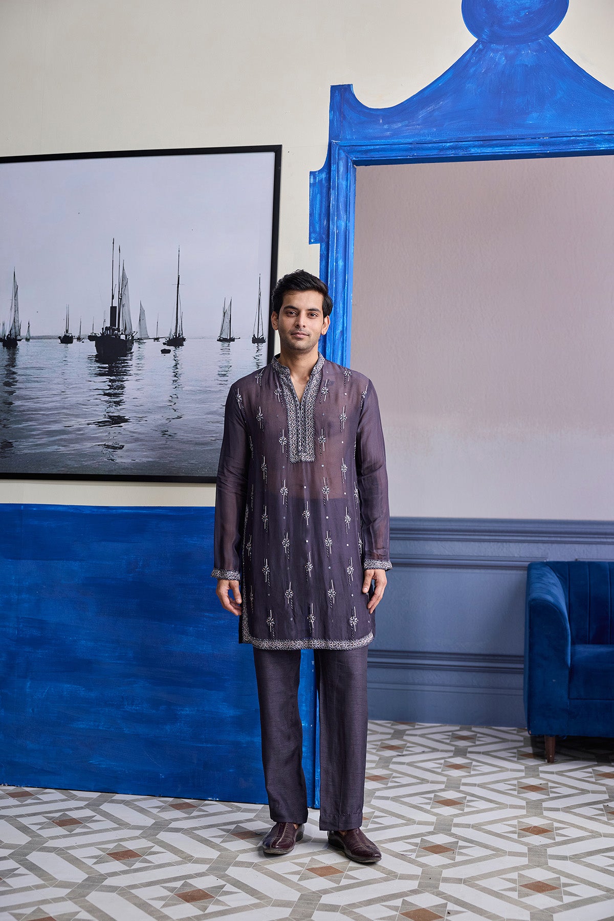CHARCOL GREY SHEER EMBROIDERED KURTA WITH PANTS