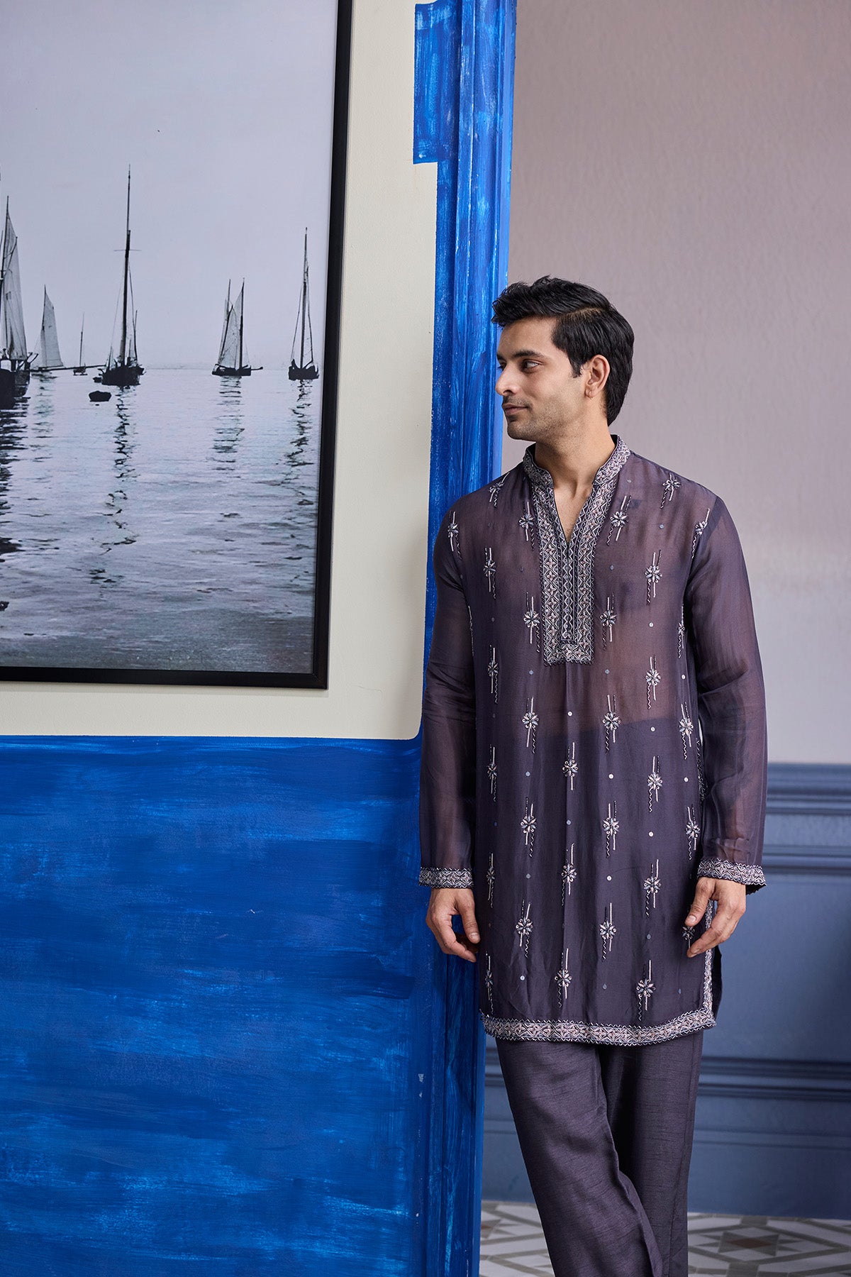 CHARCOL GREY SHEER EMBROIDERED KURTA WITH PANTS