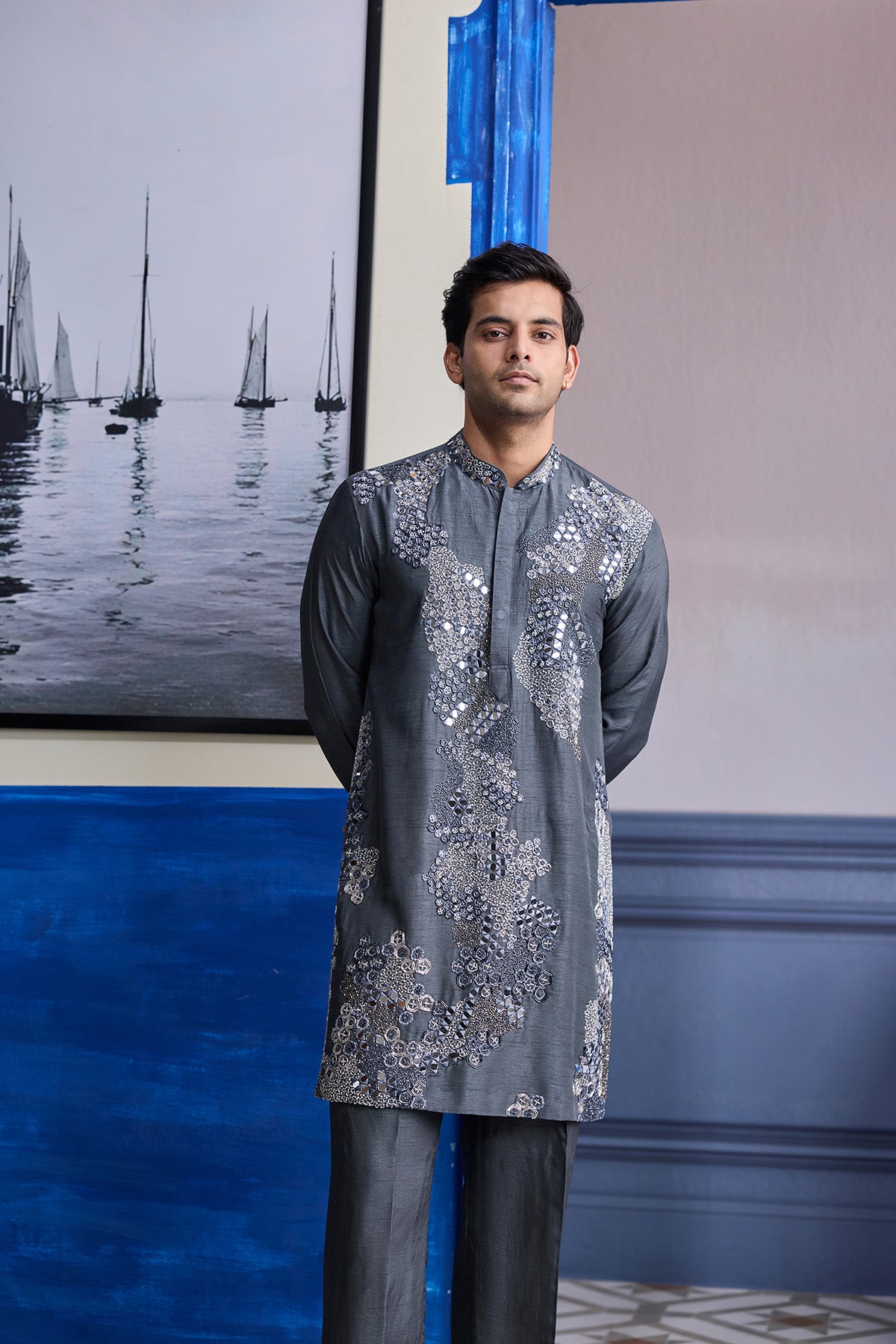 STEEL GREY EMBROIDERED KURTA WITH PANTS