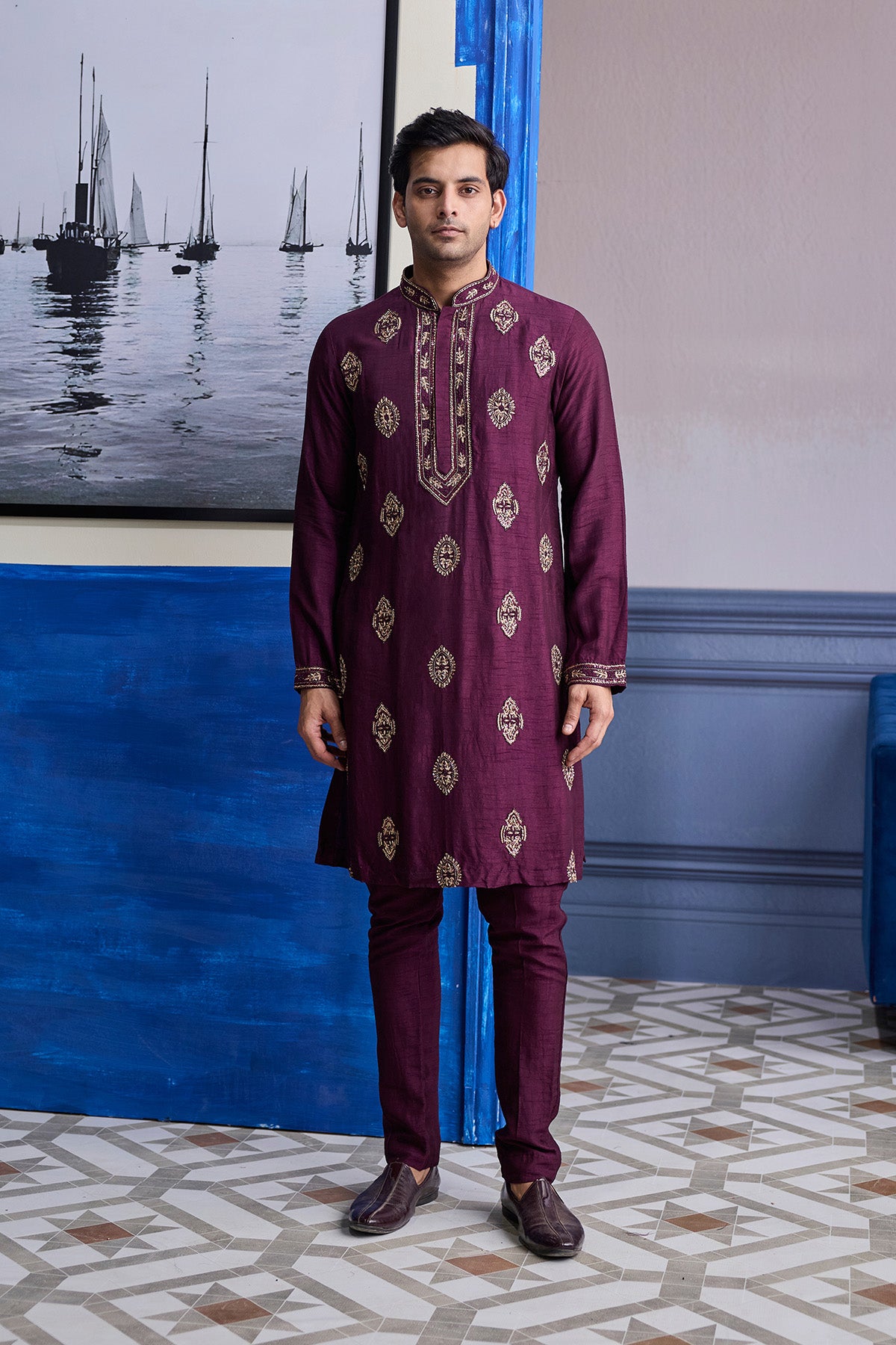 PLUM EMBROIDERED PLACKET KURTA WITH PANTS