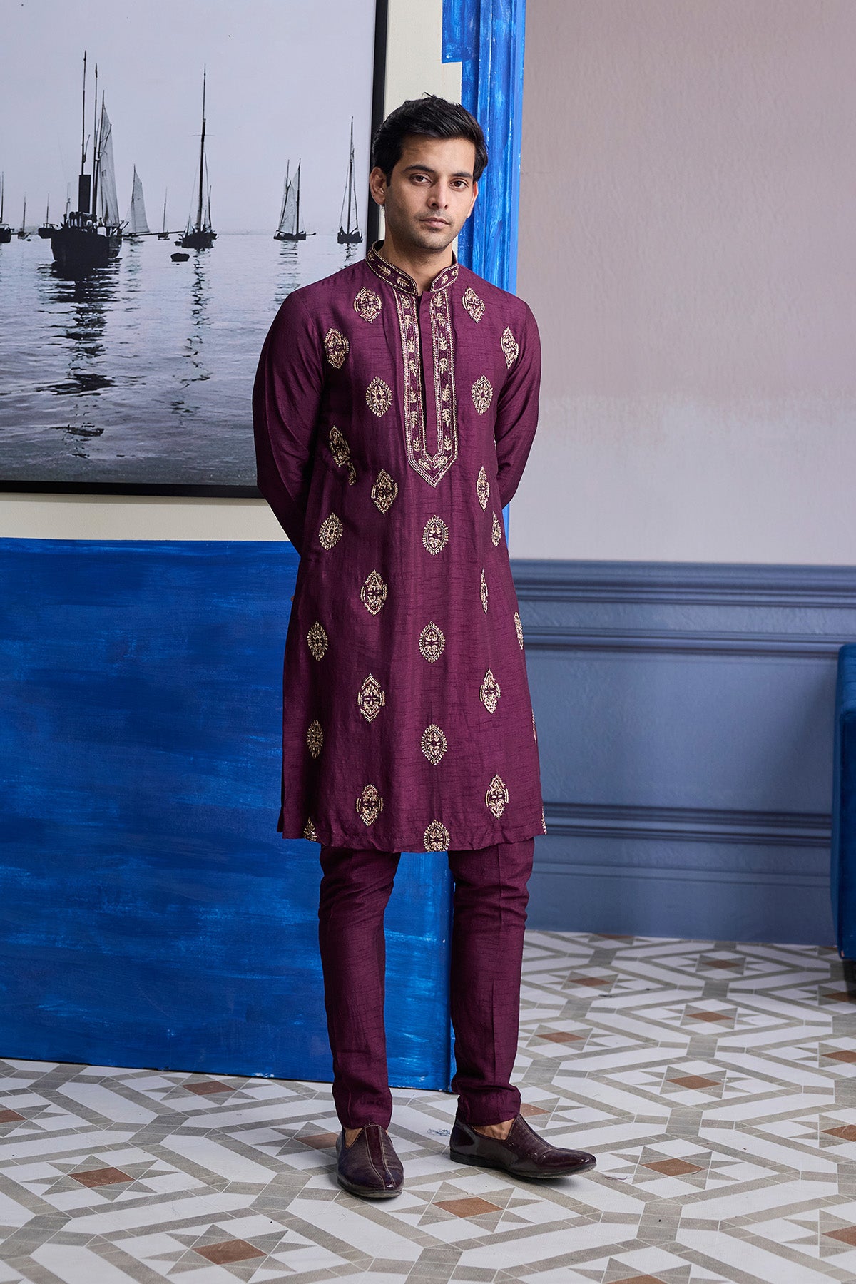 PLUM EMBROIDERED PLACKET KURTA WITH PANTS