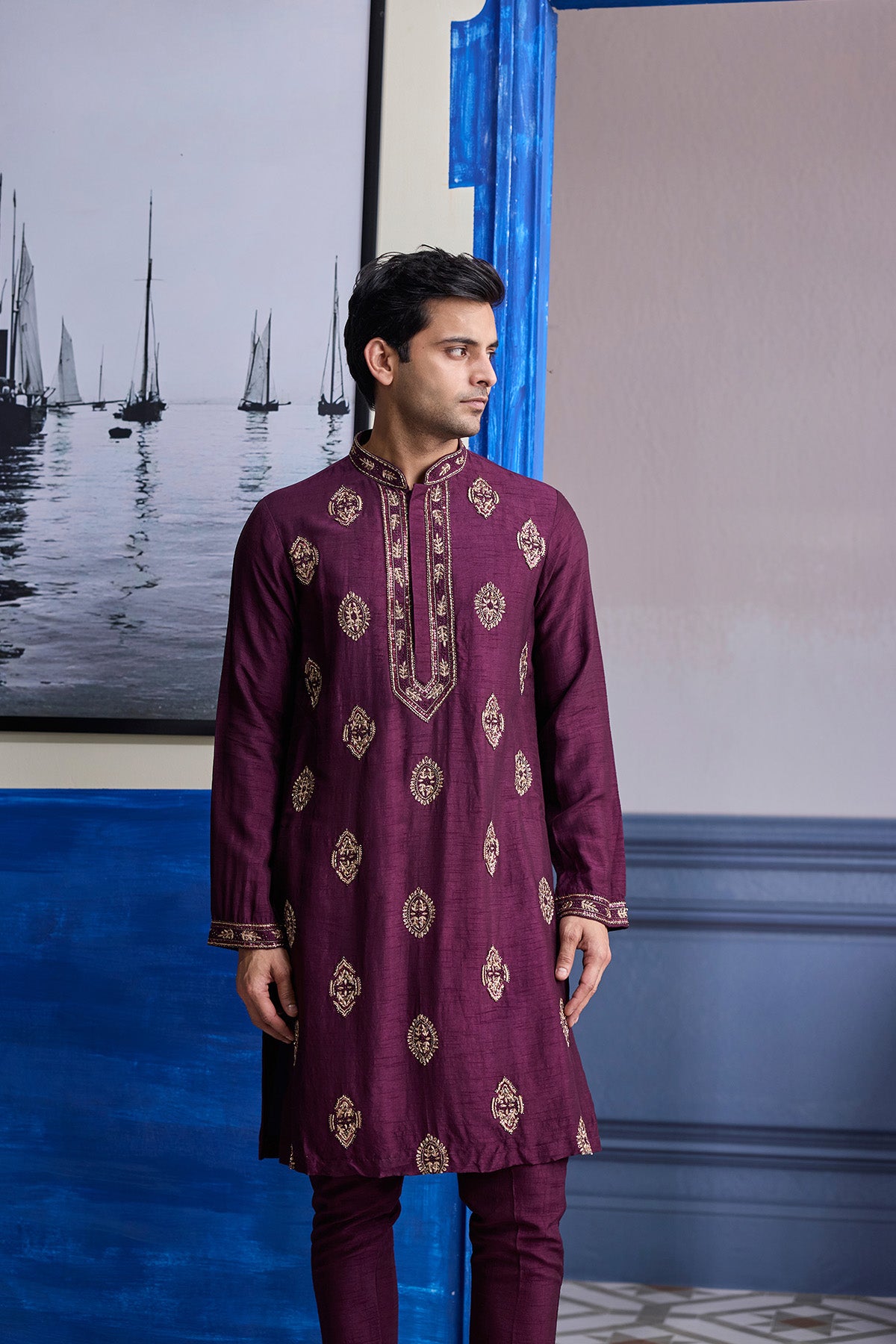 PLUM EMBROIDERED PLACKET KURTA WITH PANTS