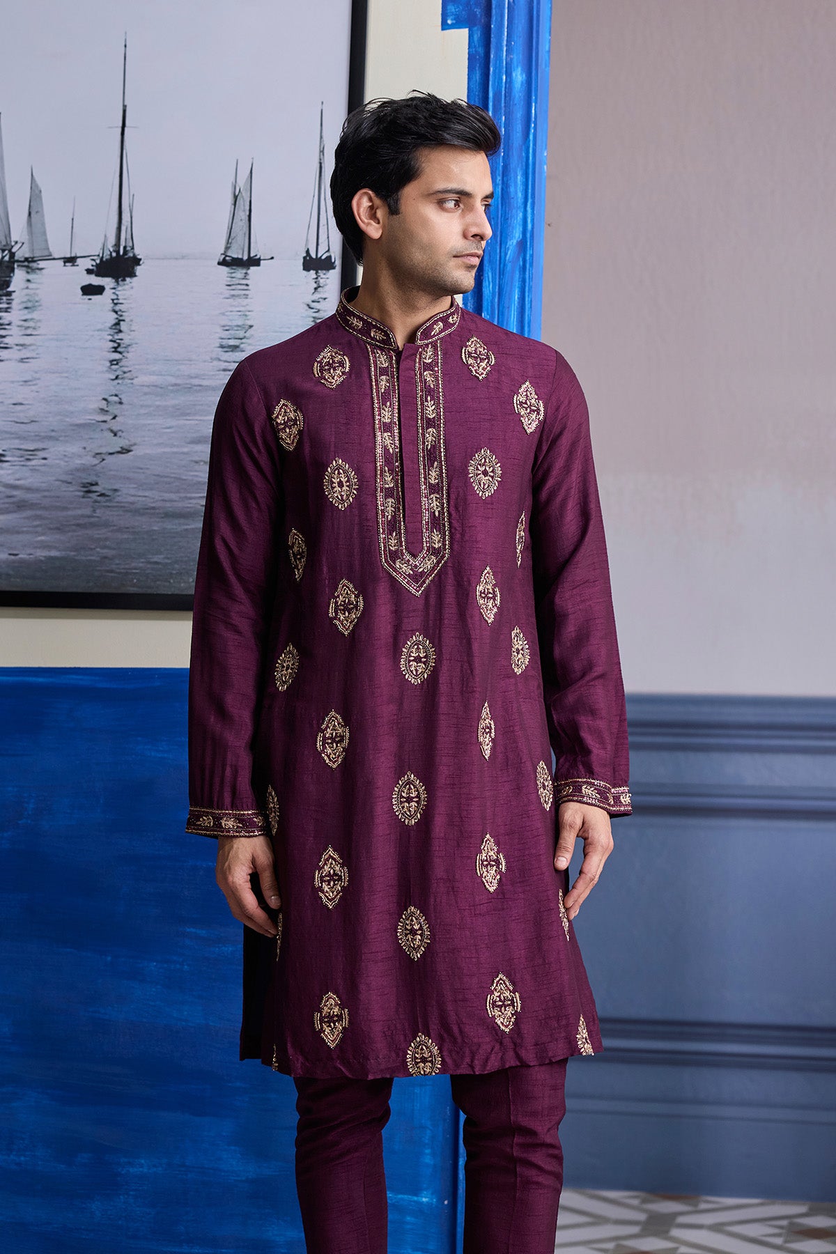 PLUM EMBROIDERED PLACKET KURTA WITH PANTS