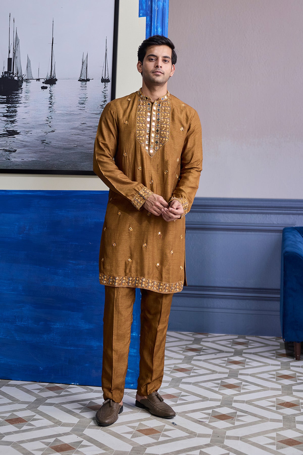 MUSTARD EMBROIDERED YOKE KURTA WITH PANTS