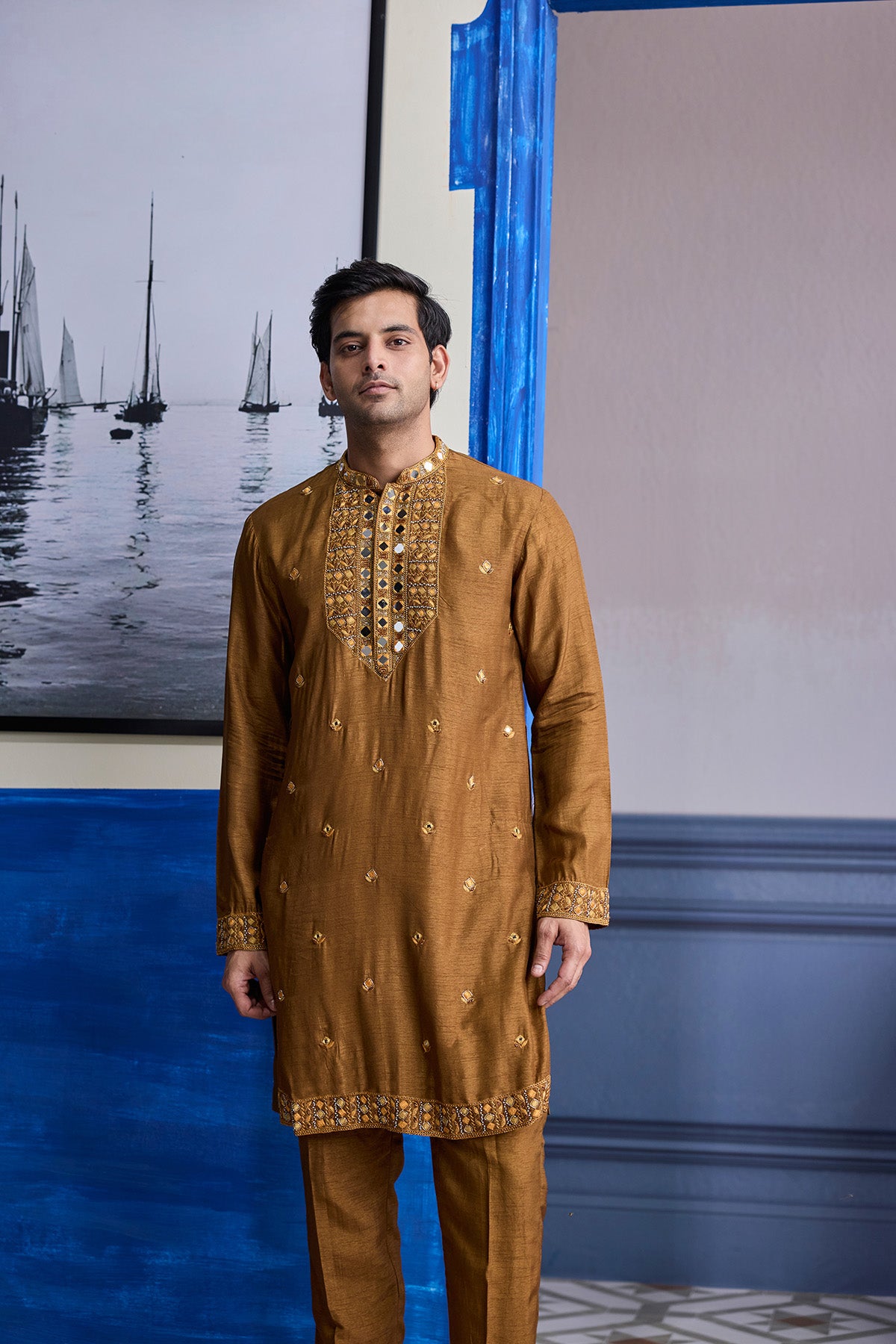 MUSTARD EMBROIDERED YOKE KURTA WITH PANTS