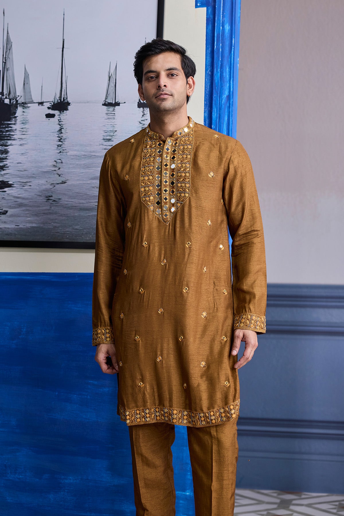 MUSTARD EMBROIDERED YOKE KURTA WITH PANTS