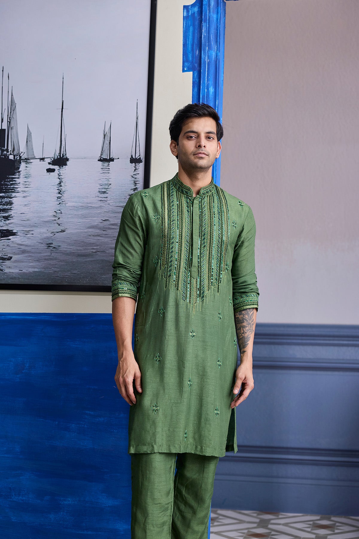 SAGE GREEN EMBOIDERED KURTA WITH PANTS