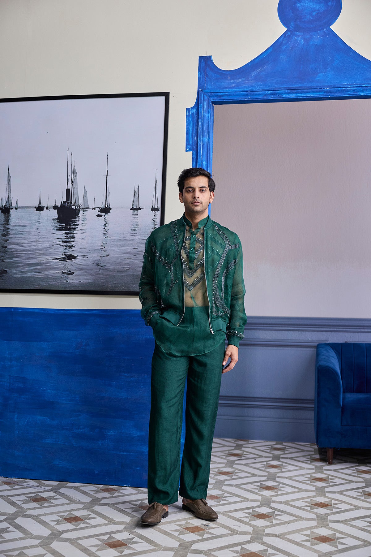 DRAK GREEN ORGANZA KURTA WITH EMBROIDERED ORGANZA BOMBER JACKET PAIRED WITH SOLID PANTS