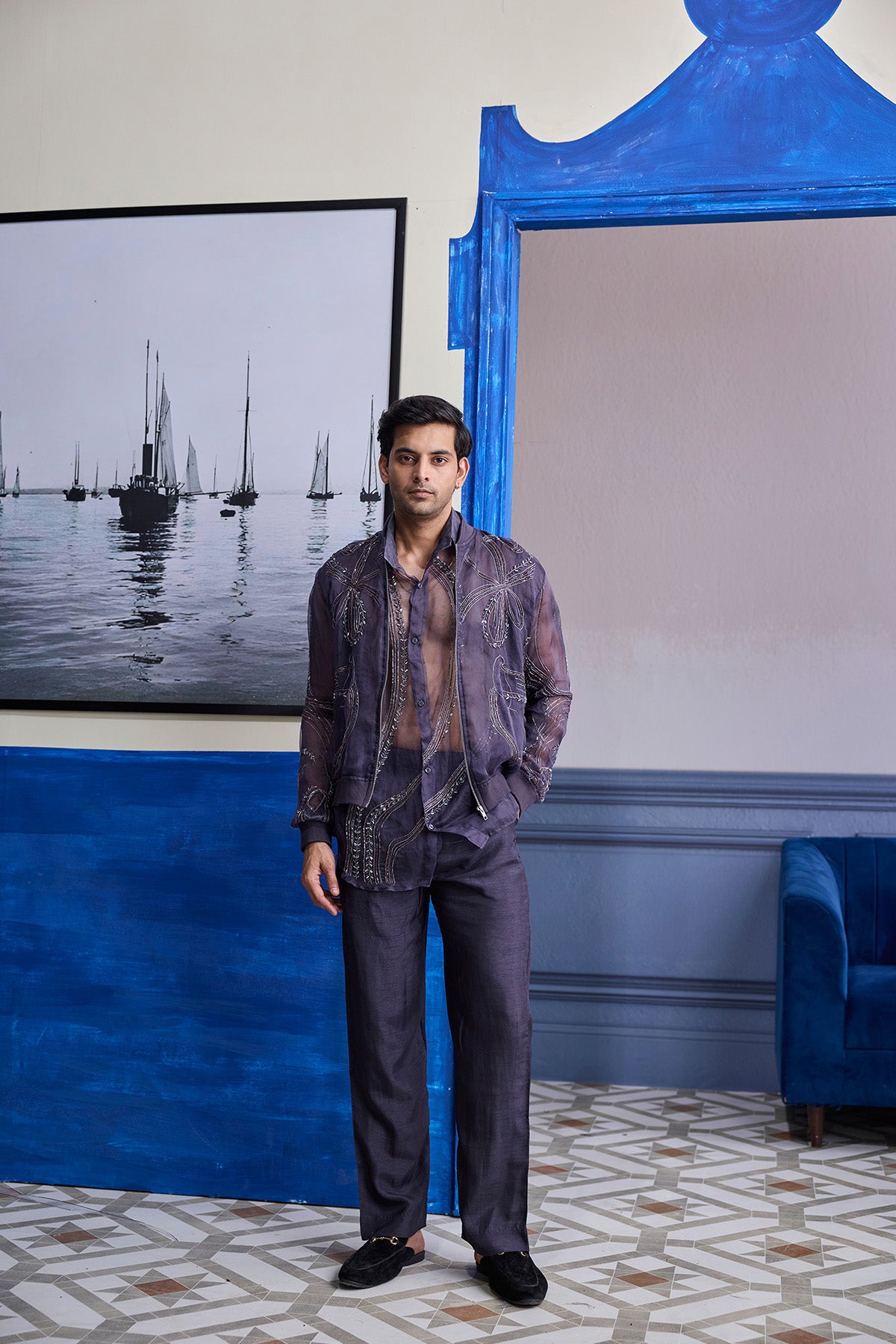 CHARCOL GREY ORGANZA SHIRT WITH EMBROIDERED ORGANZA BOMBER JACKET PAIRED WITH SOLID PANTS