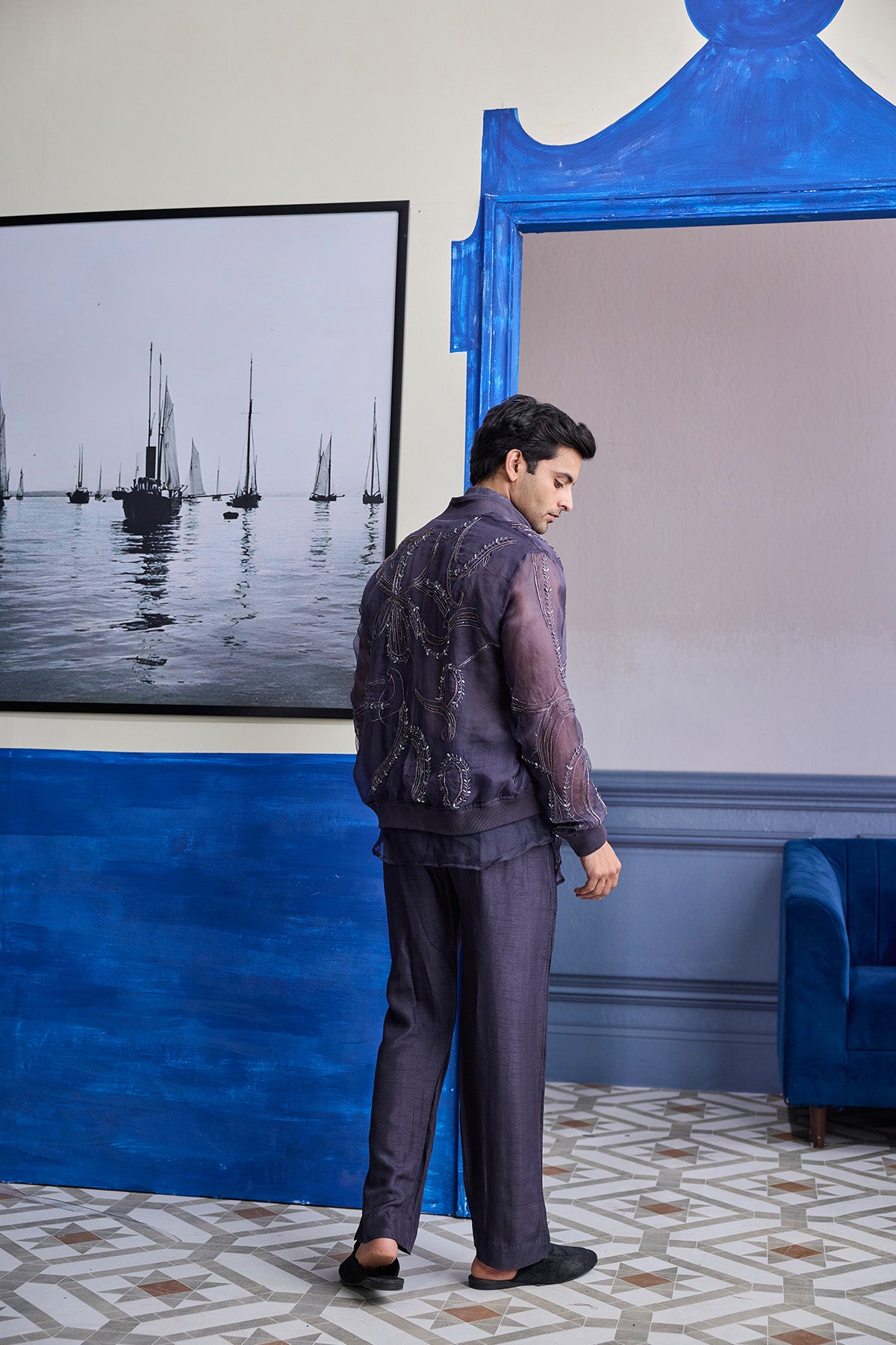 CHARCOL GREY ORGANZA SHIRT WITH EMBROIDERED ORGANZA BOMBER JACKET PAIRED WITH SOLID PANTS