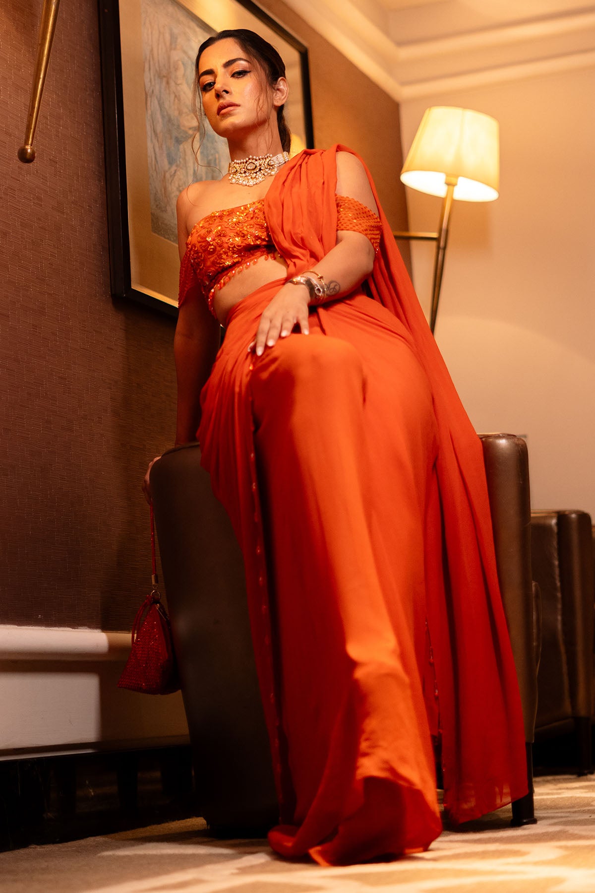 KULVEER MALHOTRA IN RUST ORANGE OFF SHOULDER  BLOUSE SKIRT SAREE