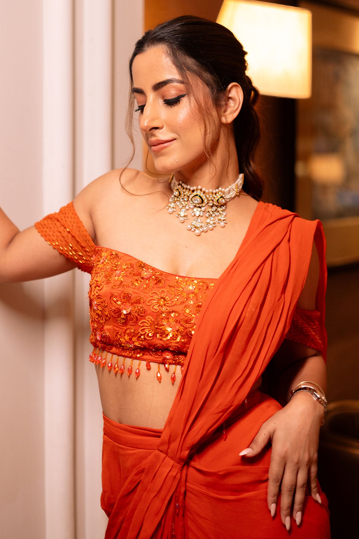 KULVEER MALHOTRA IN RUST ORANGE OFF SHOULDER  BLOUSE SKIRT SAREE