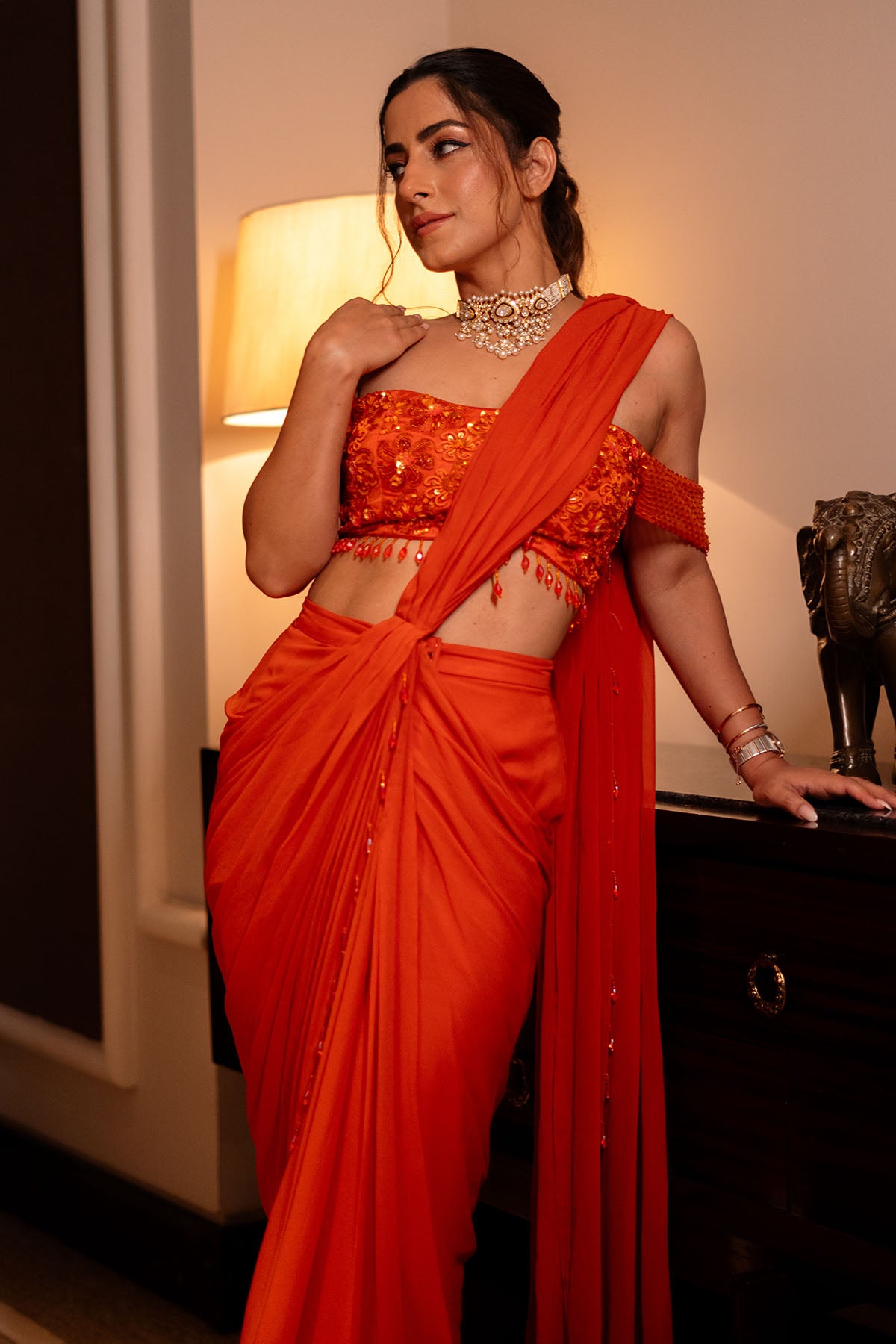 KULVEER MALHOTRA IN RUST ORANGE OFF SHOULDER  BLOUSE SKIRT SAREE