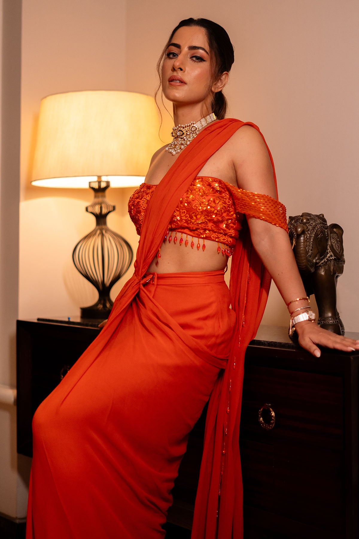 KULVEER MALHOTRA IN RUST ORANGE OFF SHOULDER  BLOUSE SKIRT SAREE