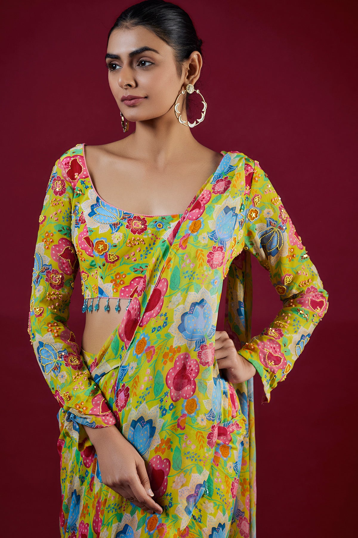 Yellow Print & Embroidered Saree Set
