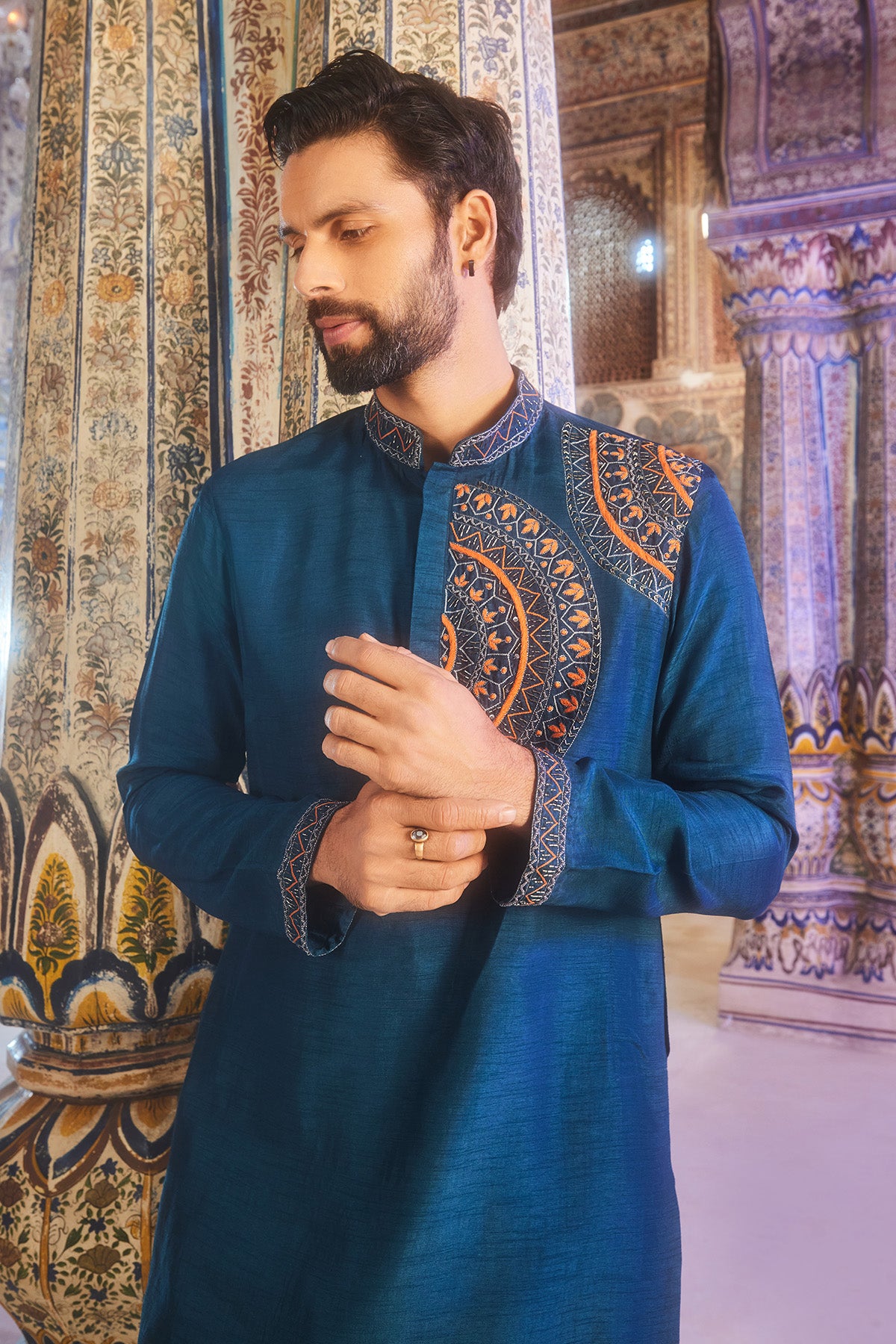 Teal blue one side embroidered kurta and pant