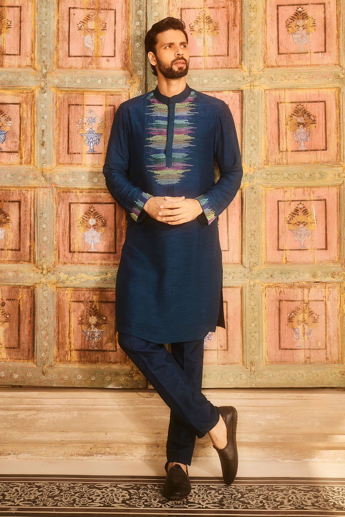 Dark blue multicolored embroidered kurta set