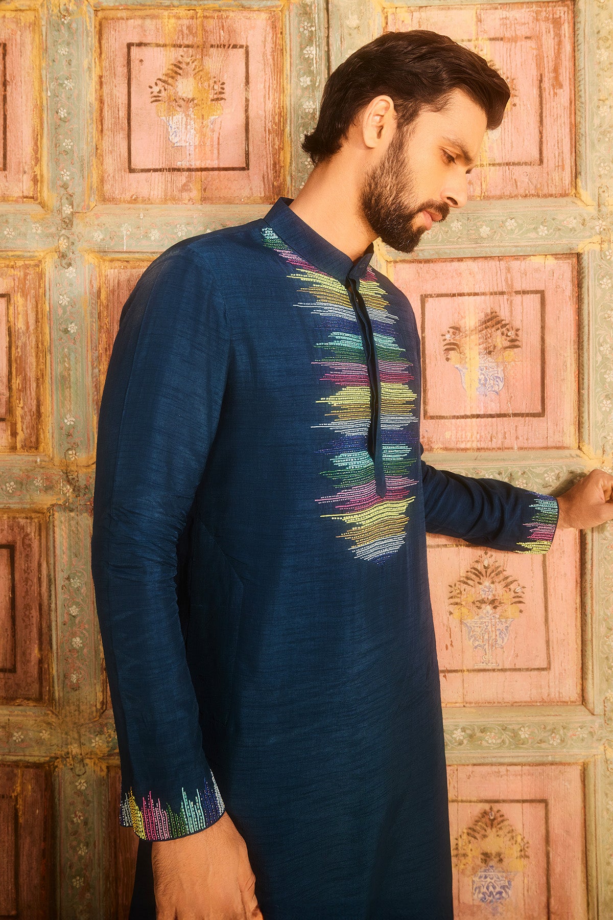 Dark blue multicolored embroidered kurta set