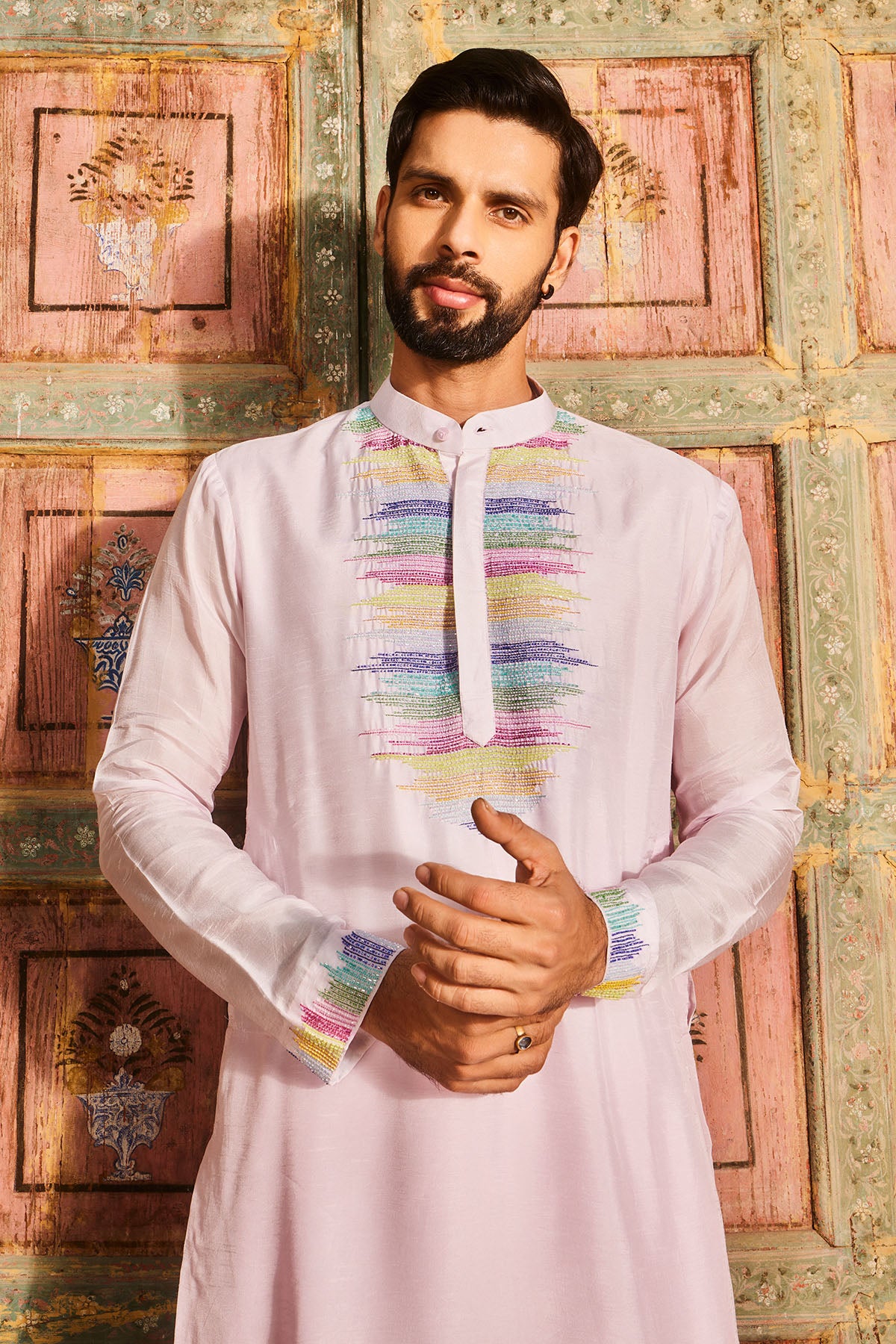 Multicoloured  thread and cutdana embroidred blush pink kurta and pant