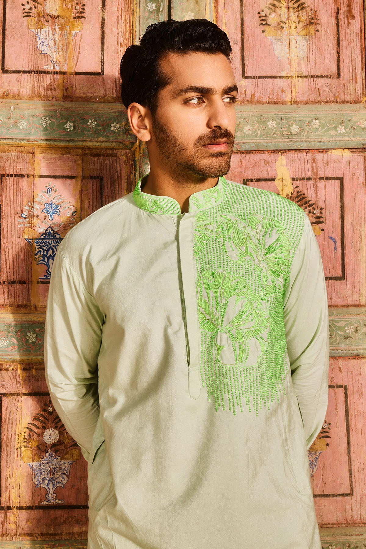 Mint green thread and cutdana embroidered kurta set