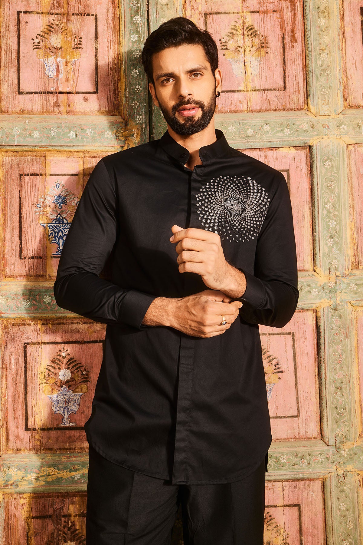 Black embroidered shirt and black pant