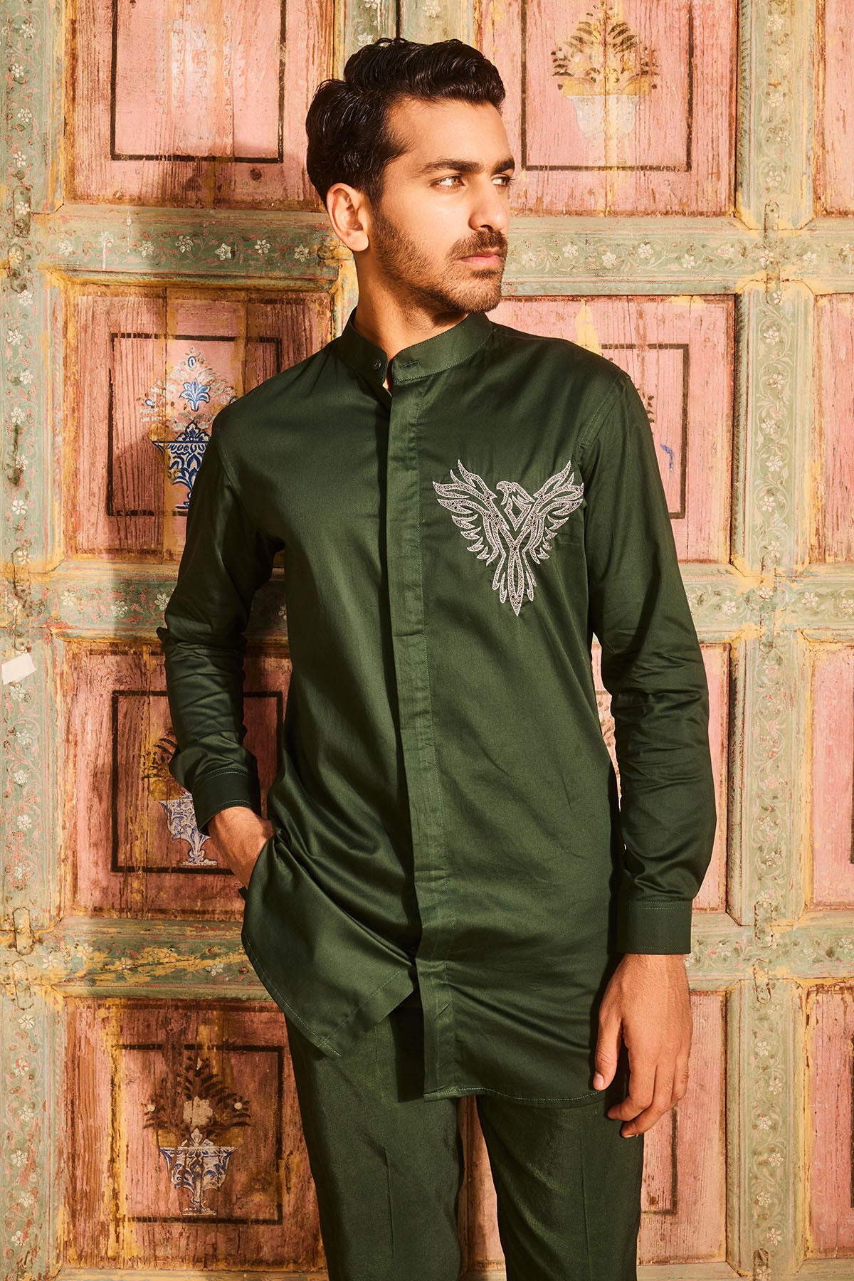 Olive Green embroidered shirt and black pant
