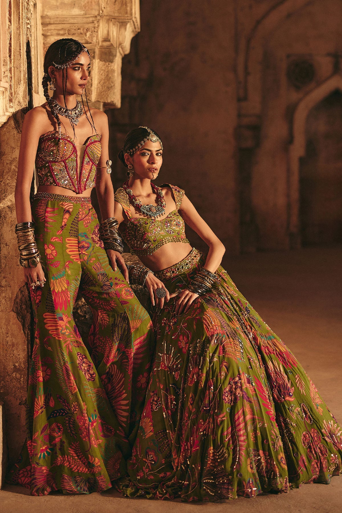 Pear Green Printed Highlighted Bell Bottom Pants Set