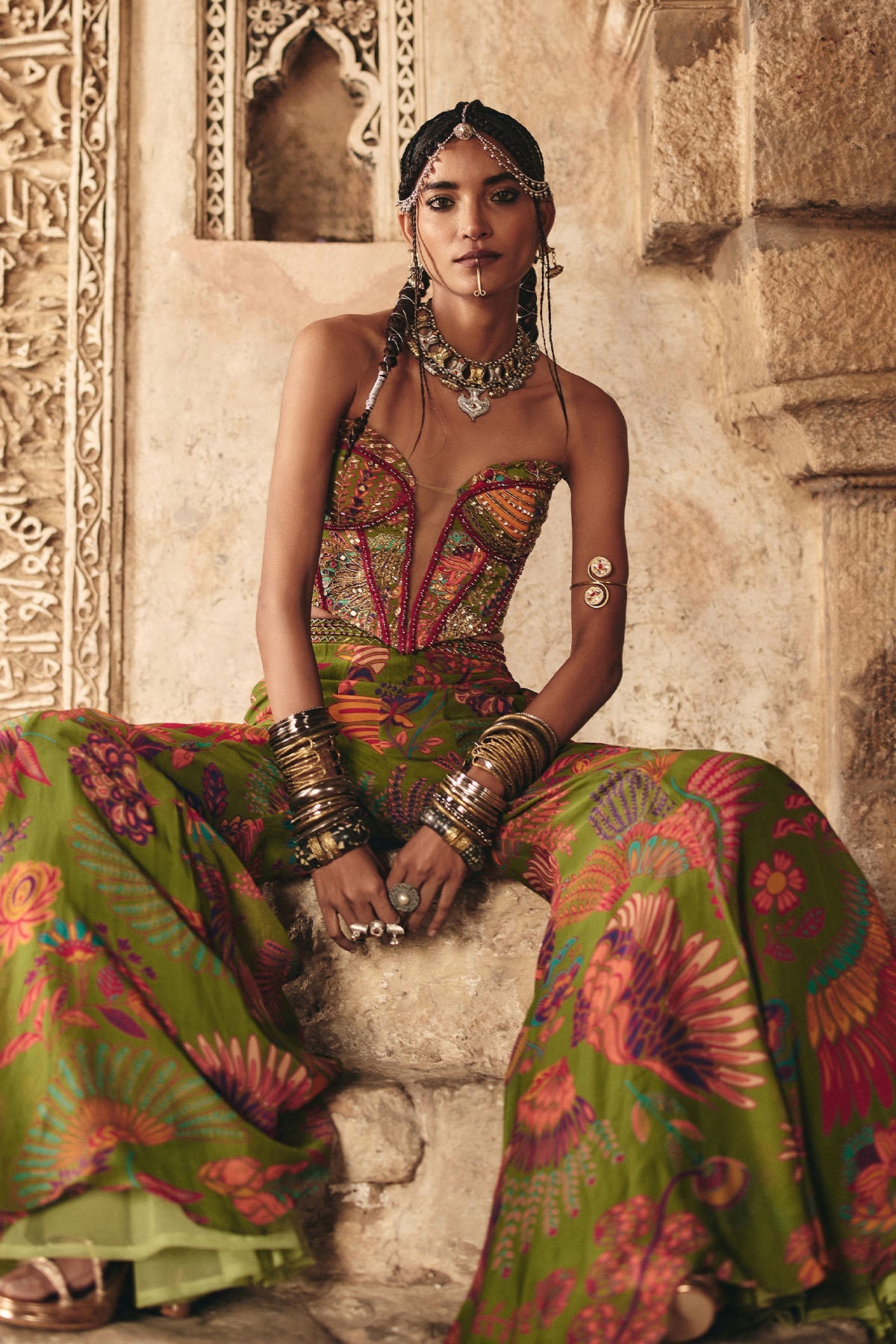 Pear Green Printed Highlighted Bell Bottom Pants Set