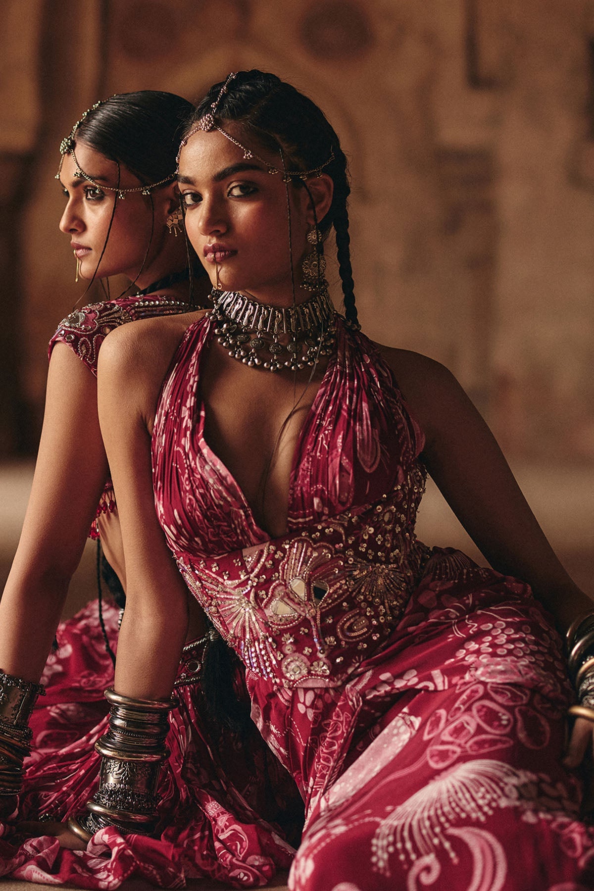 Scarlet Red Printed Slit Dress With Highlighted Corset Belt