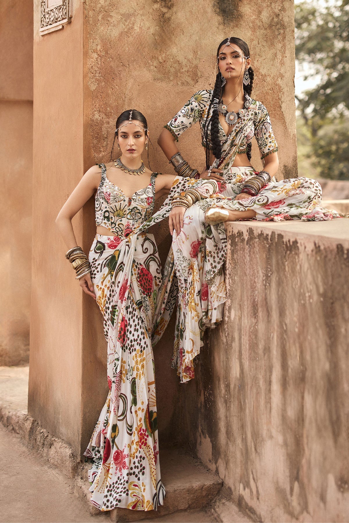 Ivory Print And Highlighted Tiered Skirt Saree Set