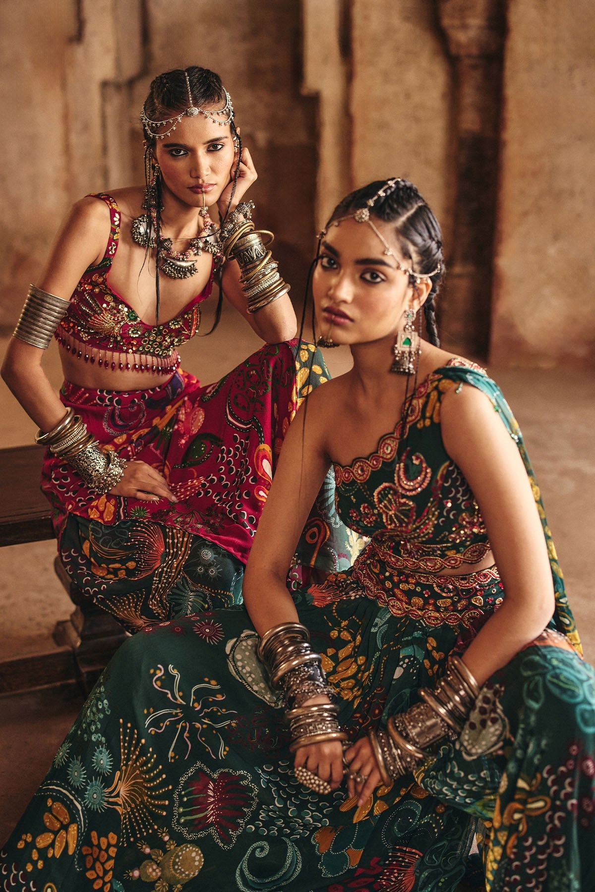 Deep Red Printed And Highlighted Skirt Set