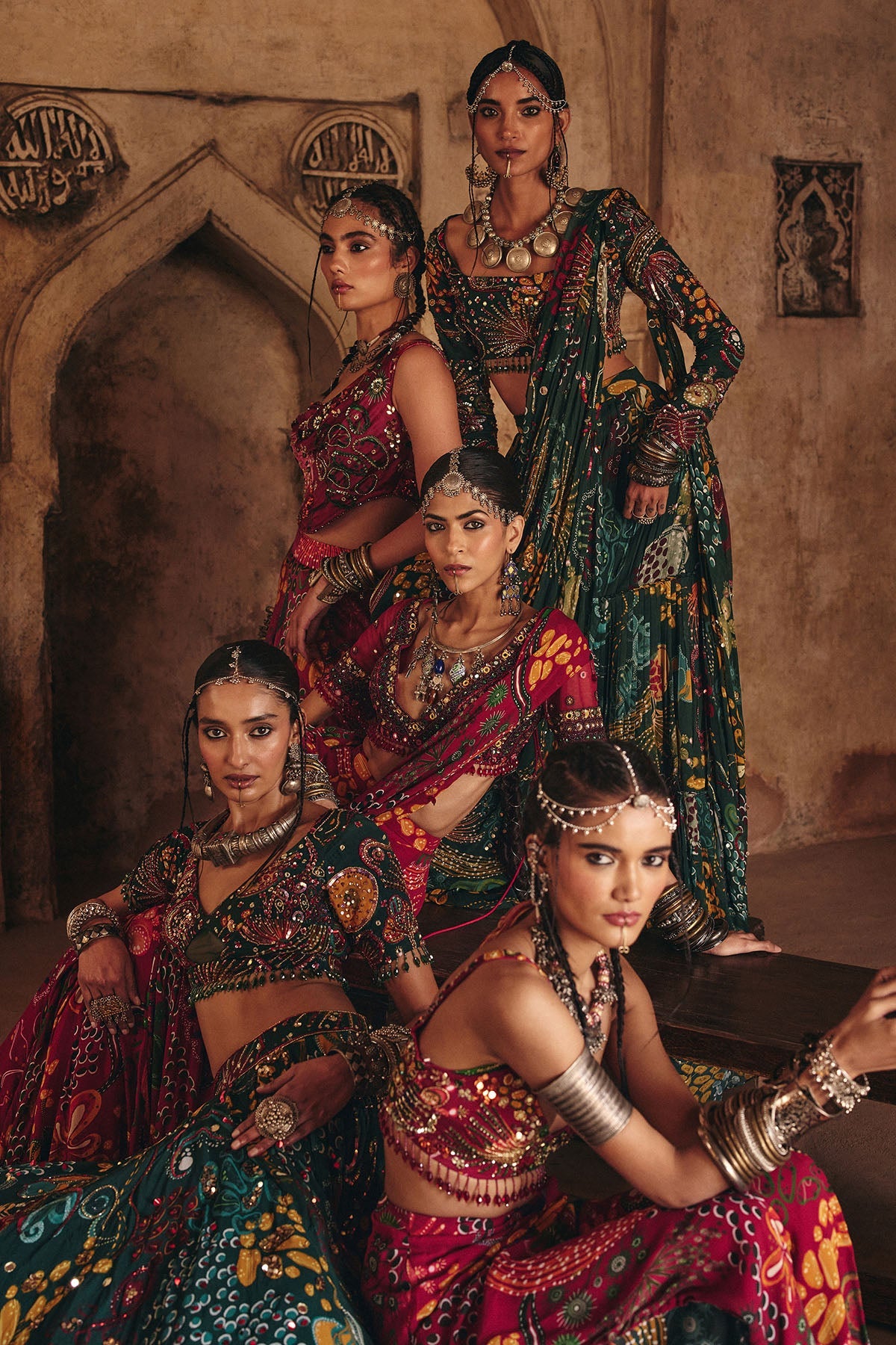 Dark Green Printed And Highlighted Tiered Skirt Saree Set