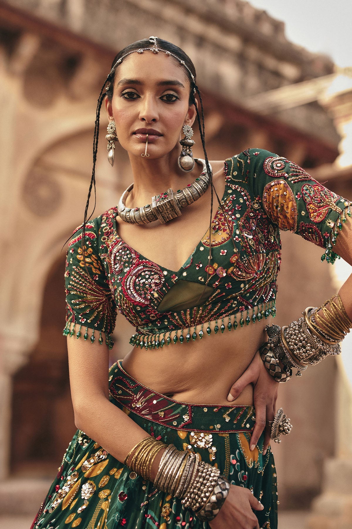 Dark Green Printed And Highlighted Lehenga Set