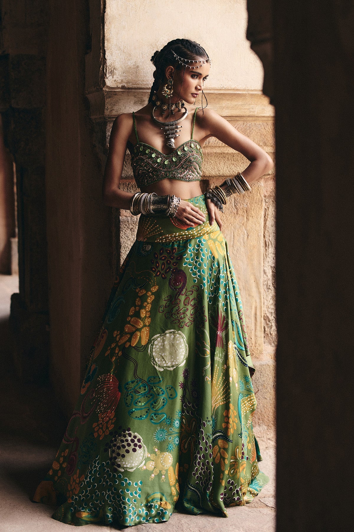 Pear Green Embroidered Blouse And Cowl Skirt Set