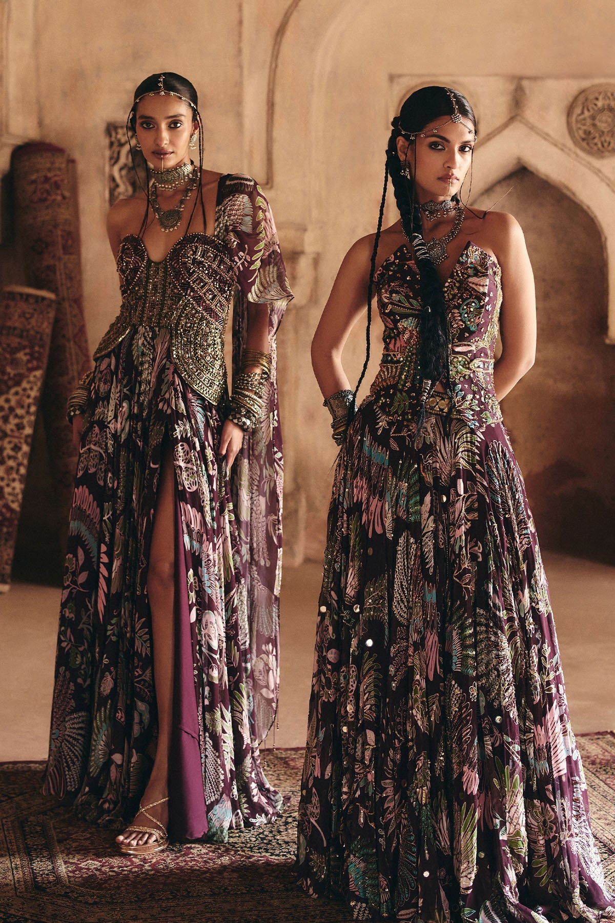 Plum Printed And Highlighted Corset Lehenga Set