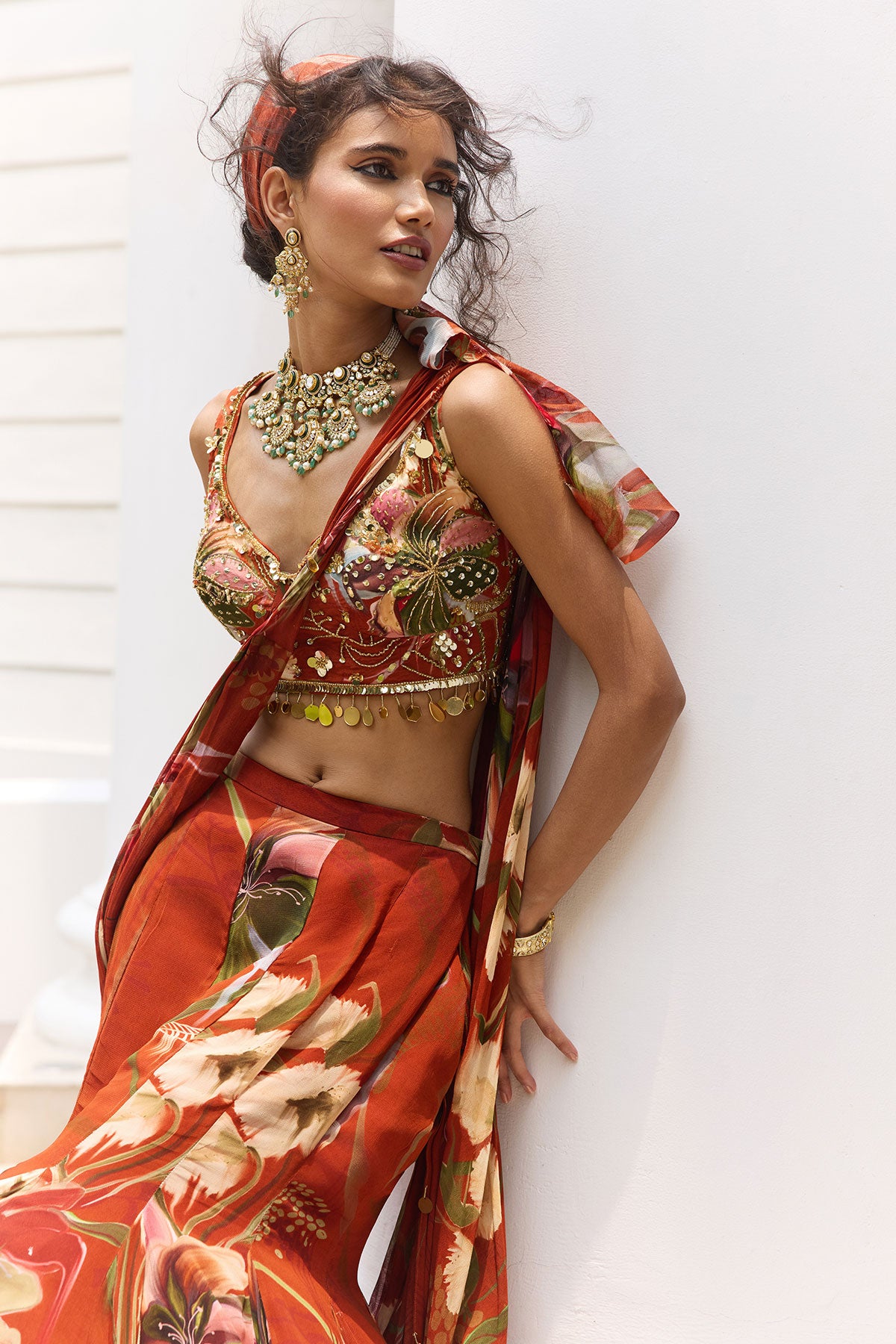 Rust Floral Print And Highlighted  Mermaid Saree  Set