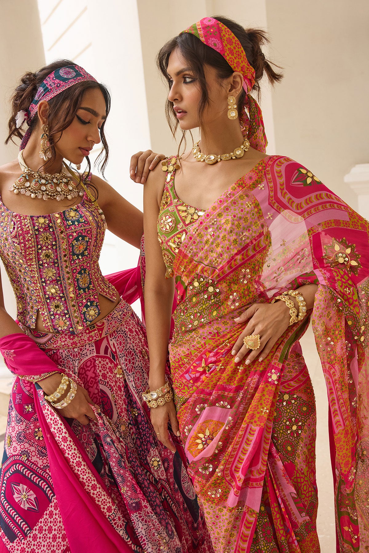 Sage Butta Print And Highlighted One-Shoulder Blouse With Yellow-Fuschia Pre-Draped Classic Saree Set